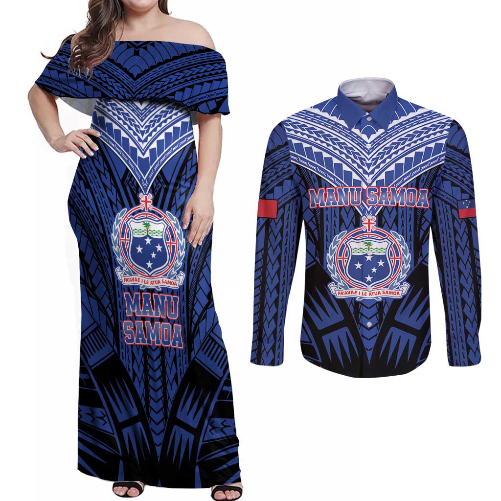 Custom Manu Samoa Sevens Rugby Couples Matching Off Shoulder Maxi Dress and Long Sleeve Button Shirt Samoan Tribal Tattoo