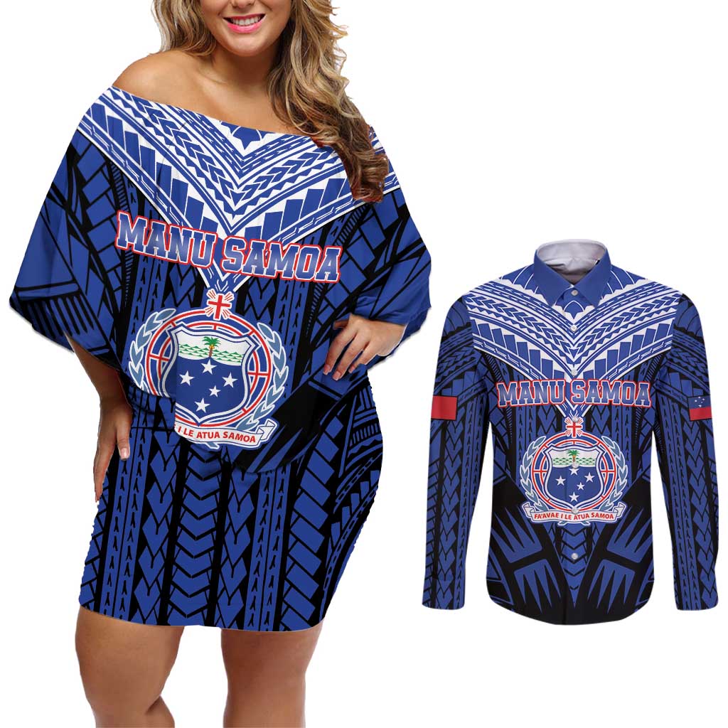 Custom Manu Samoa Sevens Rugby Couples Matching Off Shoulder Short Dress and Long Sleeve Button Shirt Samoan Tribal Tattoo