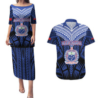 Custom Manu Samoa Sevens Rugby Couples Matching Puletasi and Hawaiian Shirt Samoan Tribal Tattoo LT9 Blue - Polynesian Pride