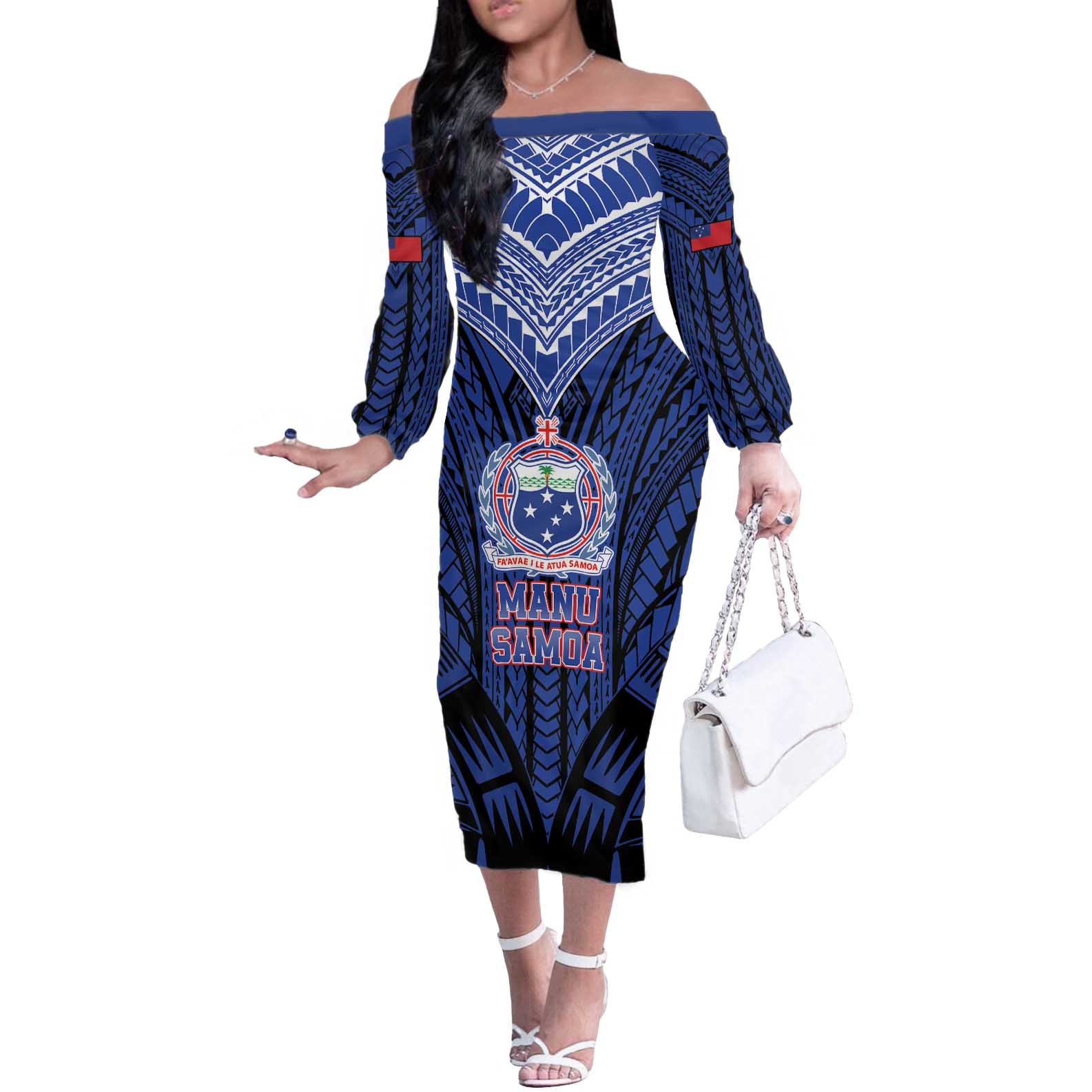 Custom Manu Samoa Sevens Rugby Off The Shoulder Long Sleeve Dress Samoan Tribal Tattoo