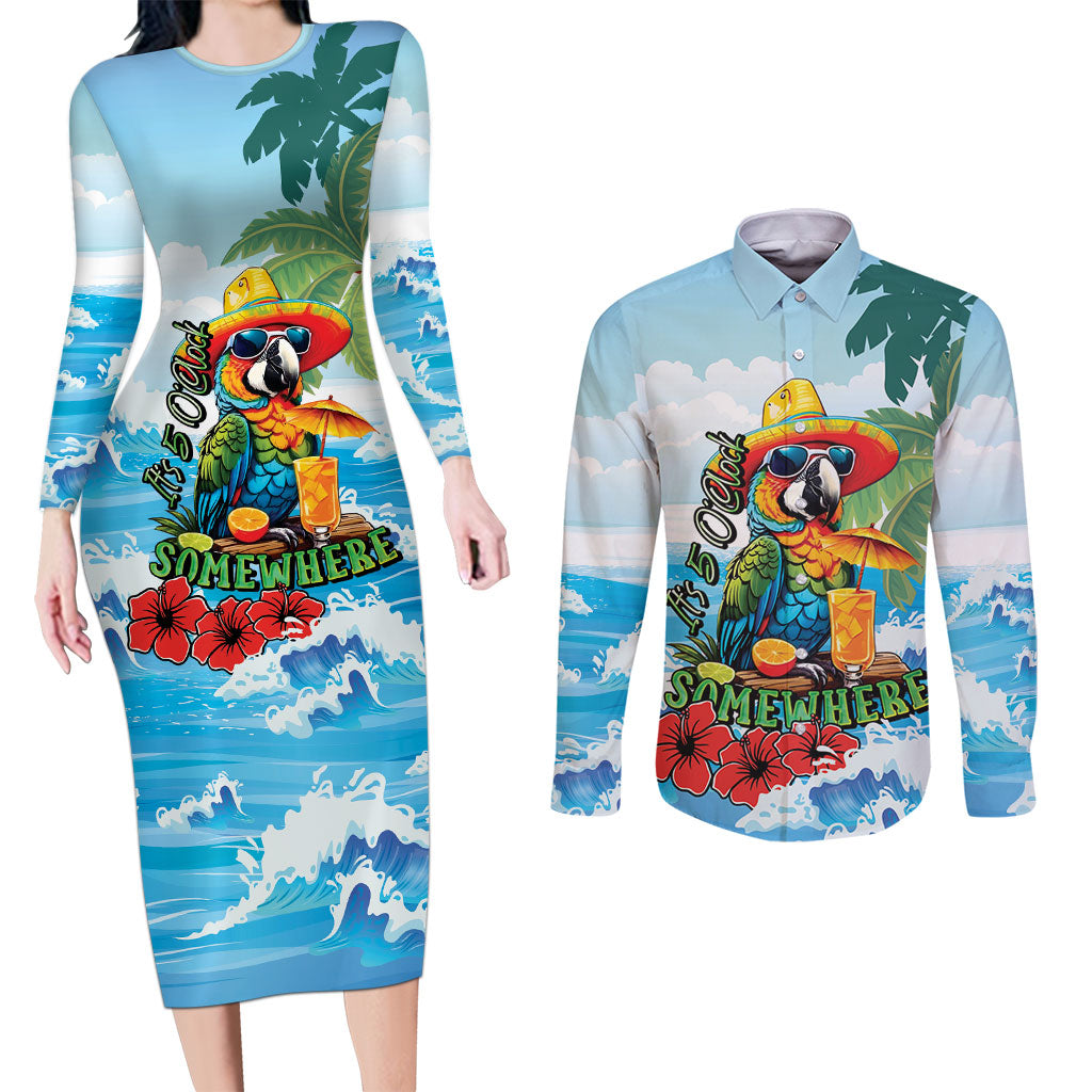 Funny Parrot Margarita Five O'clock Somewhere Couples Matching Long Sleeve Bodycon Dress and Long Sleeve Button Shirt