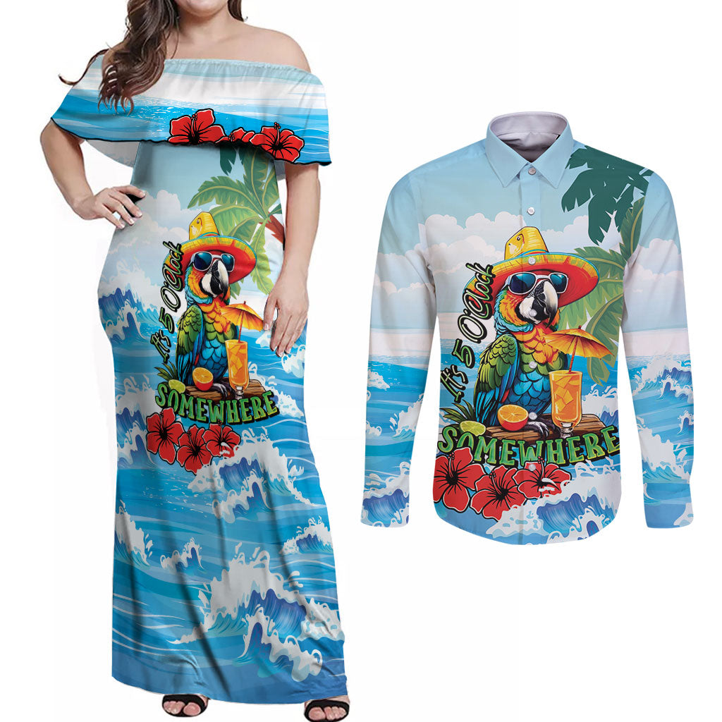 Funny Parrot Margarita Five O'clock Somewhere Couples Matching Off Shoulder Maxi Dress and Long Sleeve Button Shirt