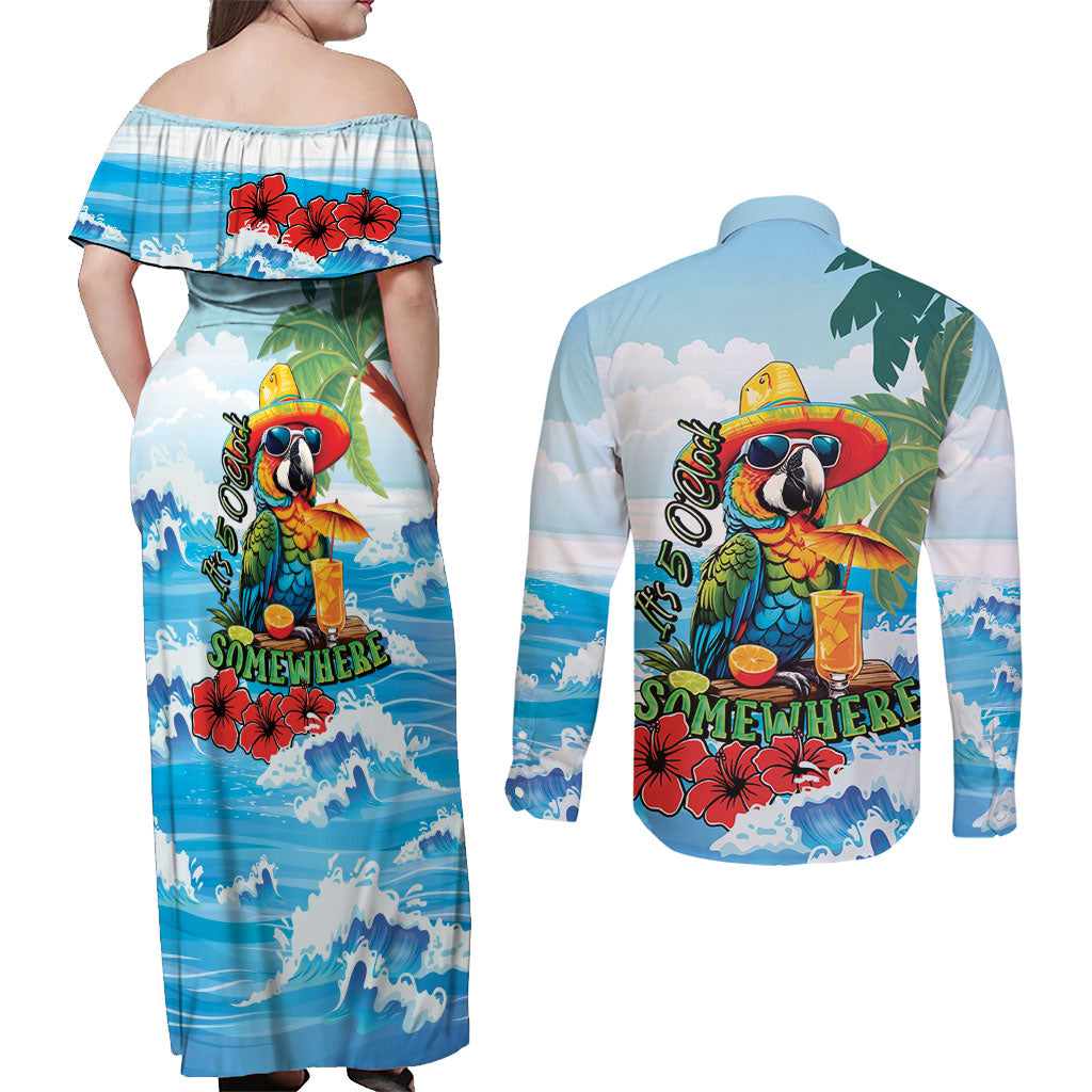 Funny Parrot Margarita Five O'clock Somewhere Couples Matching Off Shoulder Maxi Dress and Long Sleeve Button Shirt