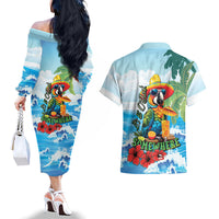 Funny Parrot Margarita Five O'clock Somewhere Couples Matching Off The Shoulder Long Sleeve Dress and Hawaiian Shirt