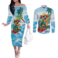Funny Parrot Margarita Five O'clock Somewhere Couples Matching Off The Shoulder Long Sleeve Dress and Long Sleeve Button Shirt