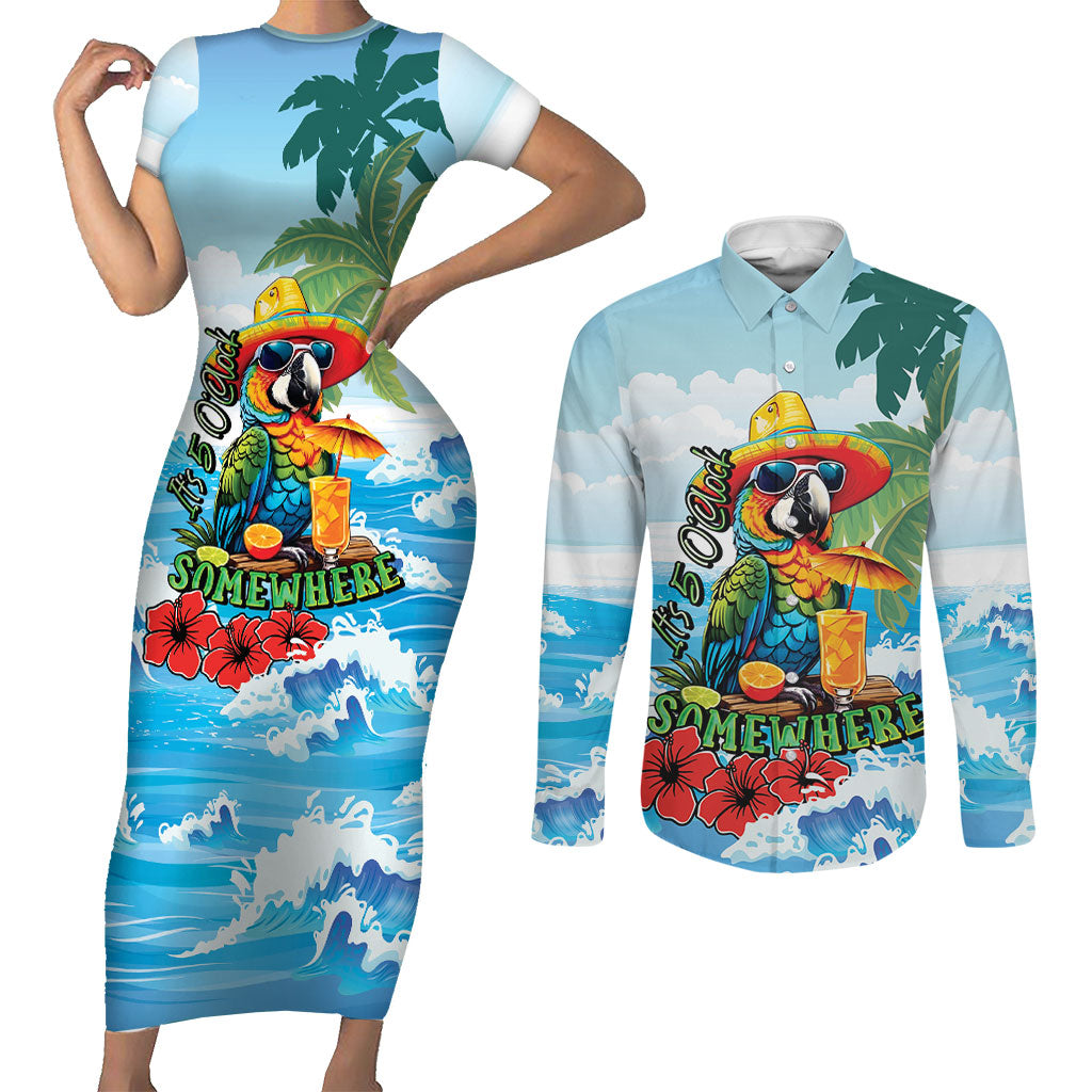 Funny Parrot Margarita Five O'clock Somewhere Couples Matching Short Sleeve Bodycon Dress and Long Sleeve Button Shirt LT9 Blue - Polynesian Pride