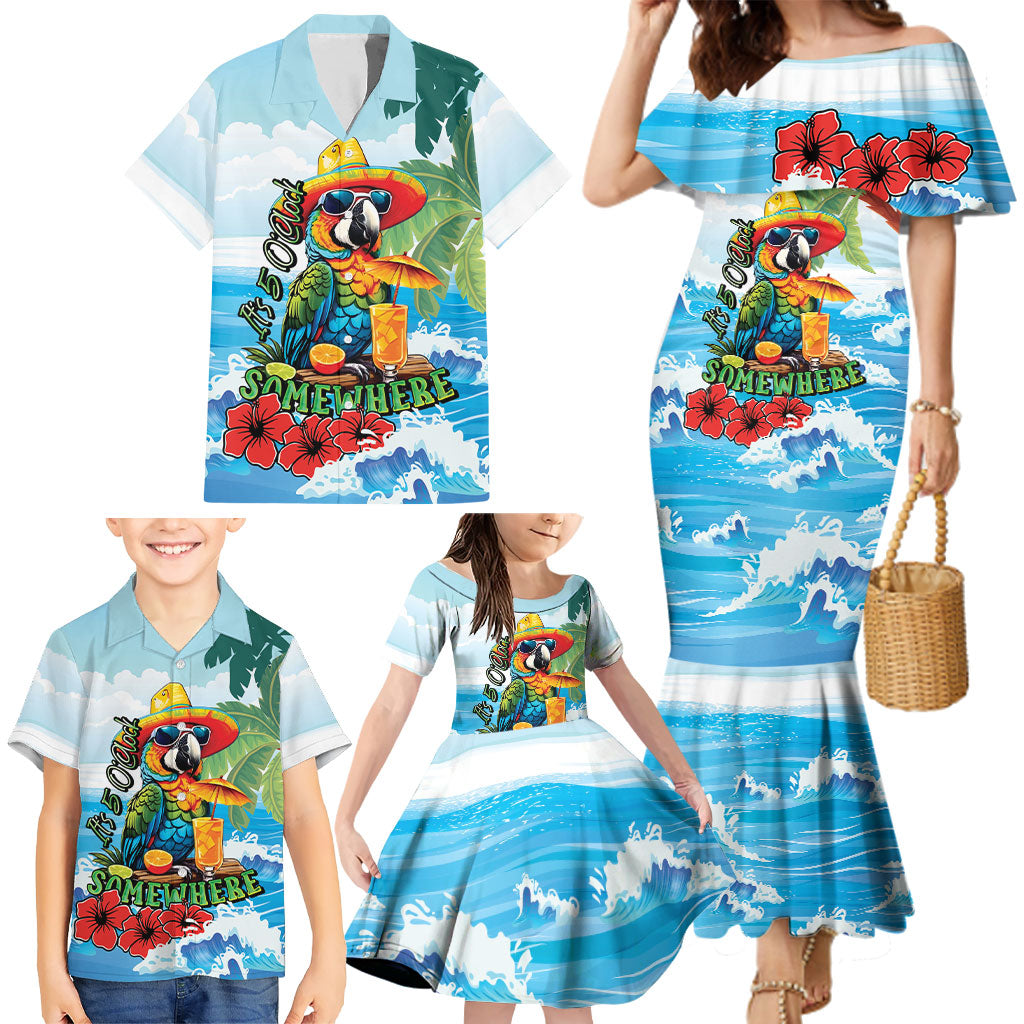 Funny Parrot Margarita Five O'clock Somewhere Family Matching Mermaid Dress and Hawaiian Shirt LT9 - Polynesian Pride