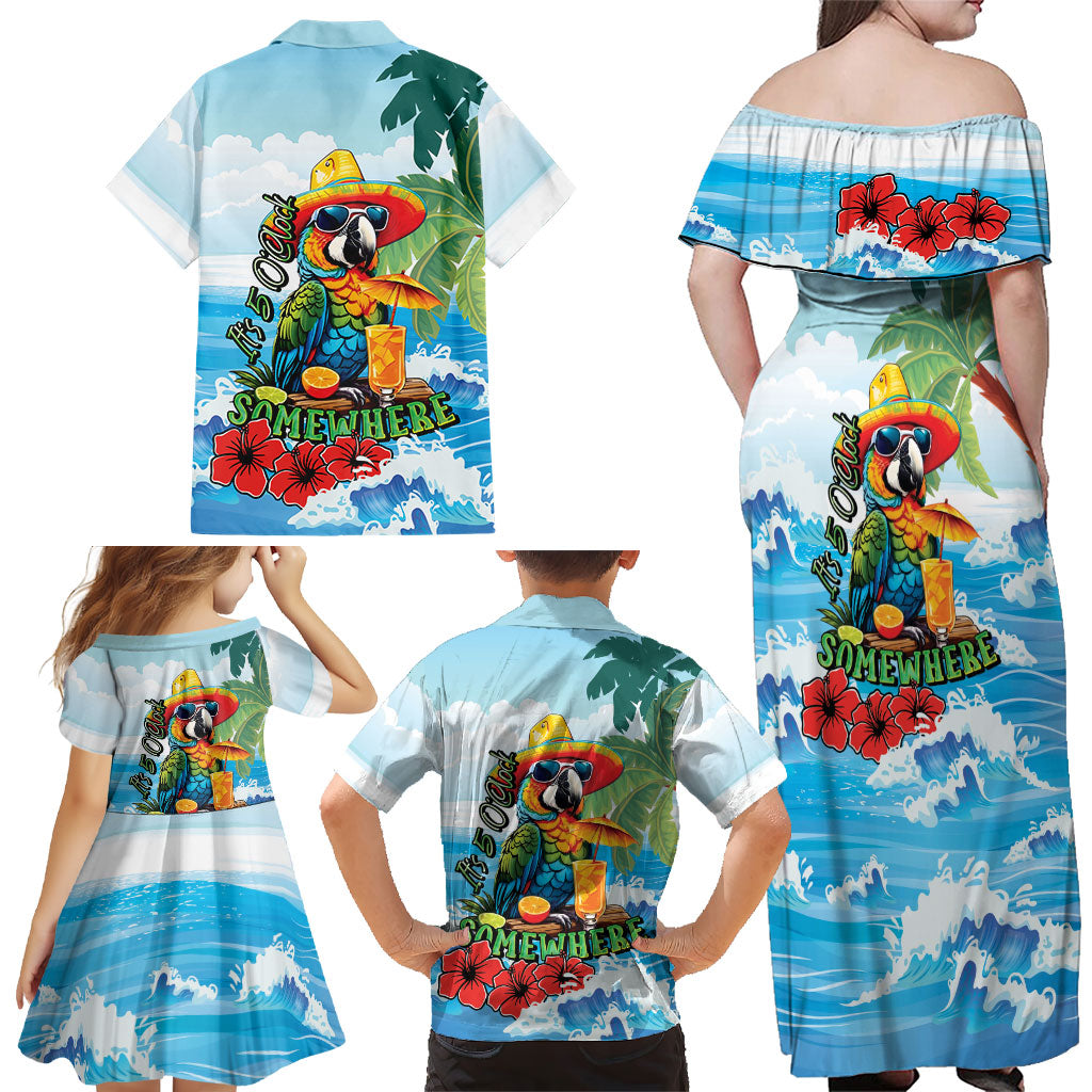 Funny Parrot Margarita Five O'clock Somewhere Family Matching Off Shoulder Maxi Dress and Hawaiian Shirt