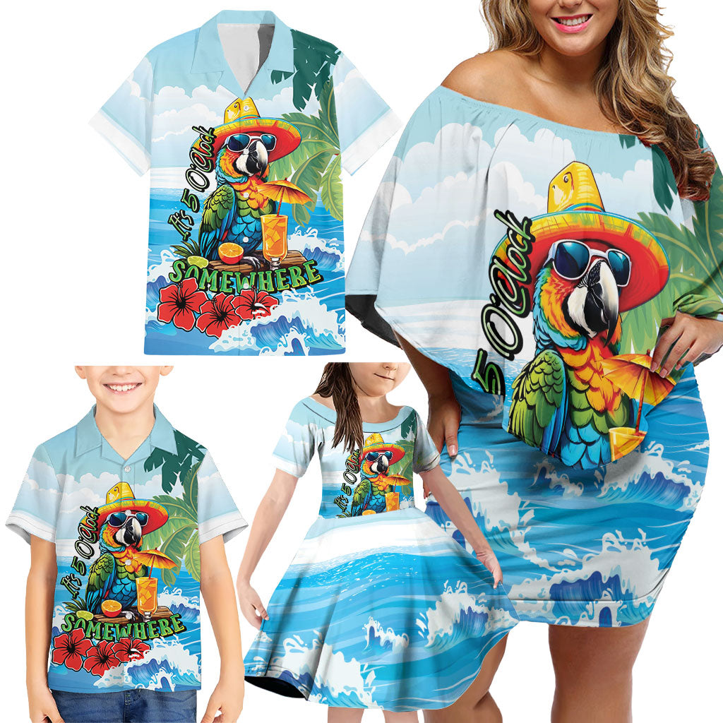 Funny Parrot Margarita Five O'clock Somewhere Family Matching Off Shoulder Short Dress and Hawaiian Shirt LT9 - Polynesian Pride