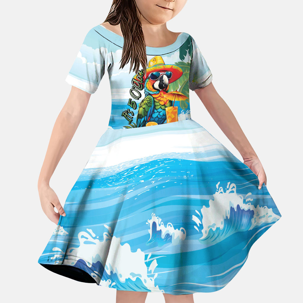 Funny Parrot Margarita Five O'clock Somewhere Family Matching Short Sleeve Bodycon Dress and Hawaiian Shirt LT9 Daughter's Dress Blue - Polynesian Pride