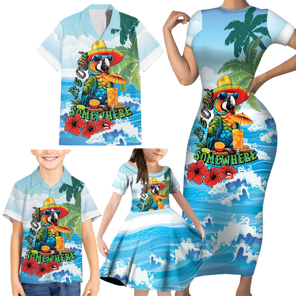 Funny Parrot Margarita Five O'clock Somewhere Family Matching Short Sleeve Bodycon Dress and Hawaiian Shirt LT9 - Polynesian Pride