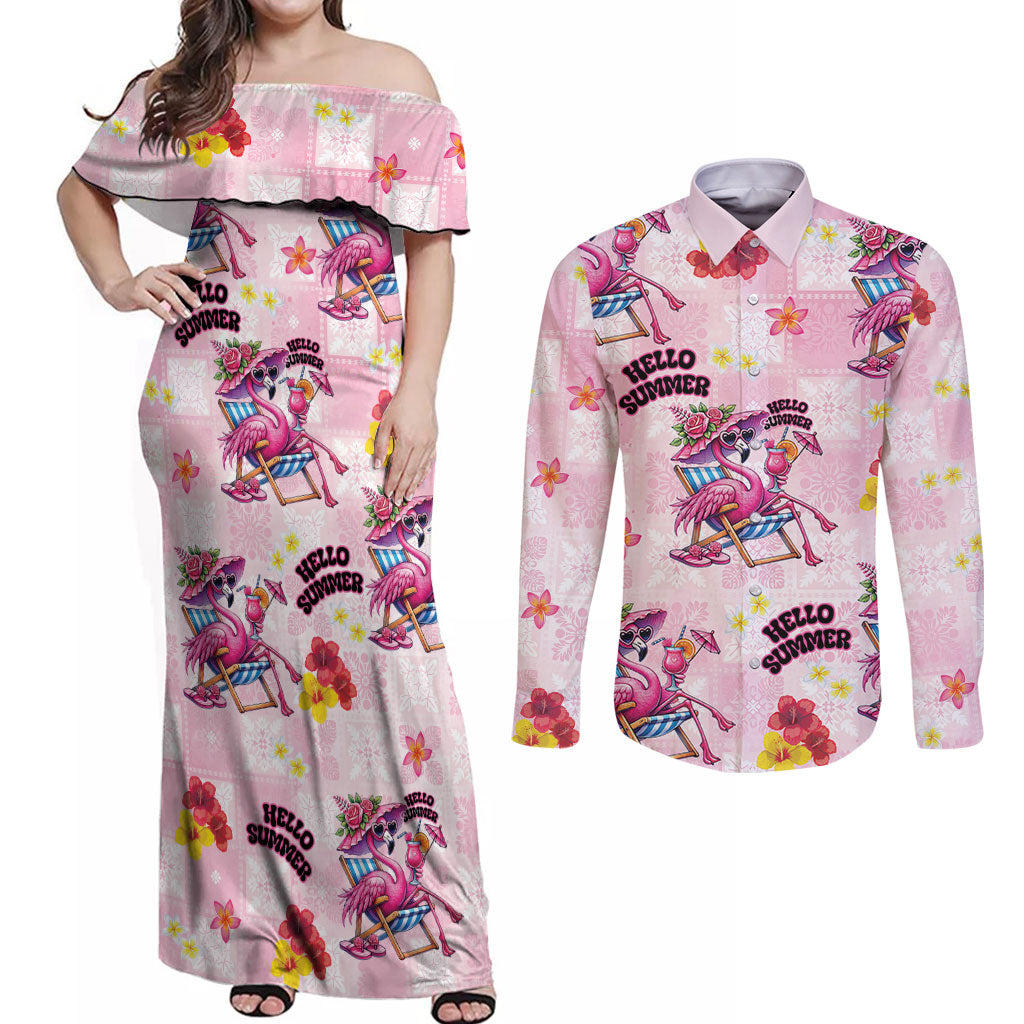 Hawaii Flamingo Hello Summer Couples Matching Off Shoulder Maxi Dress and Long Sleeve Button Shirt Hawaiian Quilt Pattern LT9 Pink - Polynesian Pride