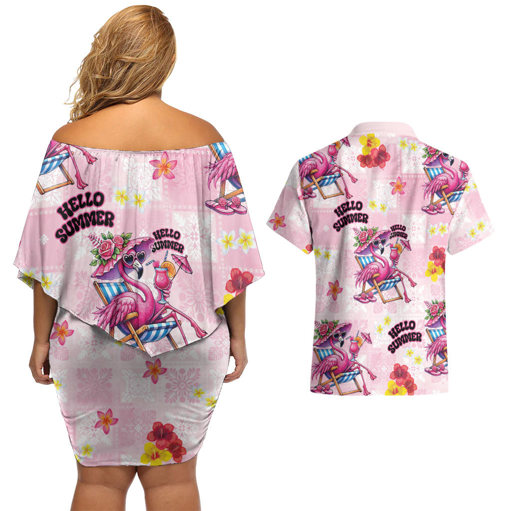 Hawaii Flamingo Hello Summer Couples Matching Off Shoulder Short Dress and Hawaiian Shirt Hawaiian Quilt Pattern LT9 - Polynesian Pride