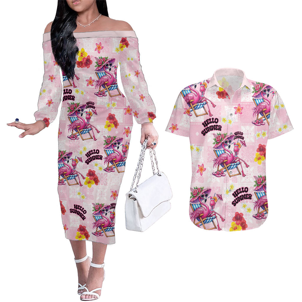 Hawaii Flamingo Hello Summer Couples Matching Off The Shoulder Long Sleeve Dress and Hawaiian Shirt Hawaiian Quilt Pattern