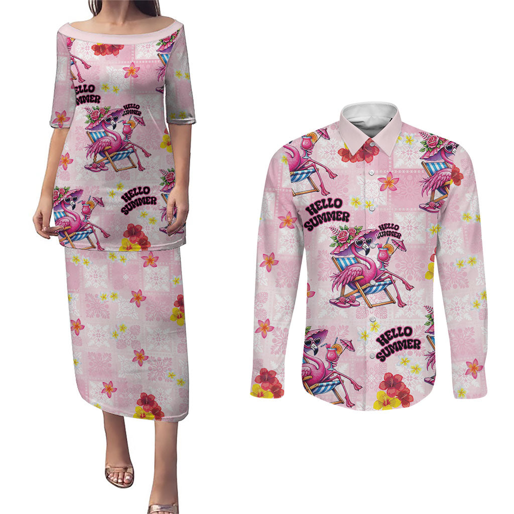 Hawaii Flamingo Hello Summer Couples Matching Puletasi and Long Sleeve Button Shirt Hawaiian Quilt Pattern