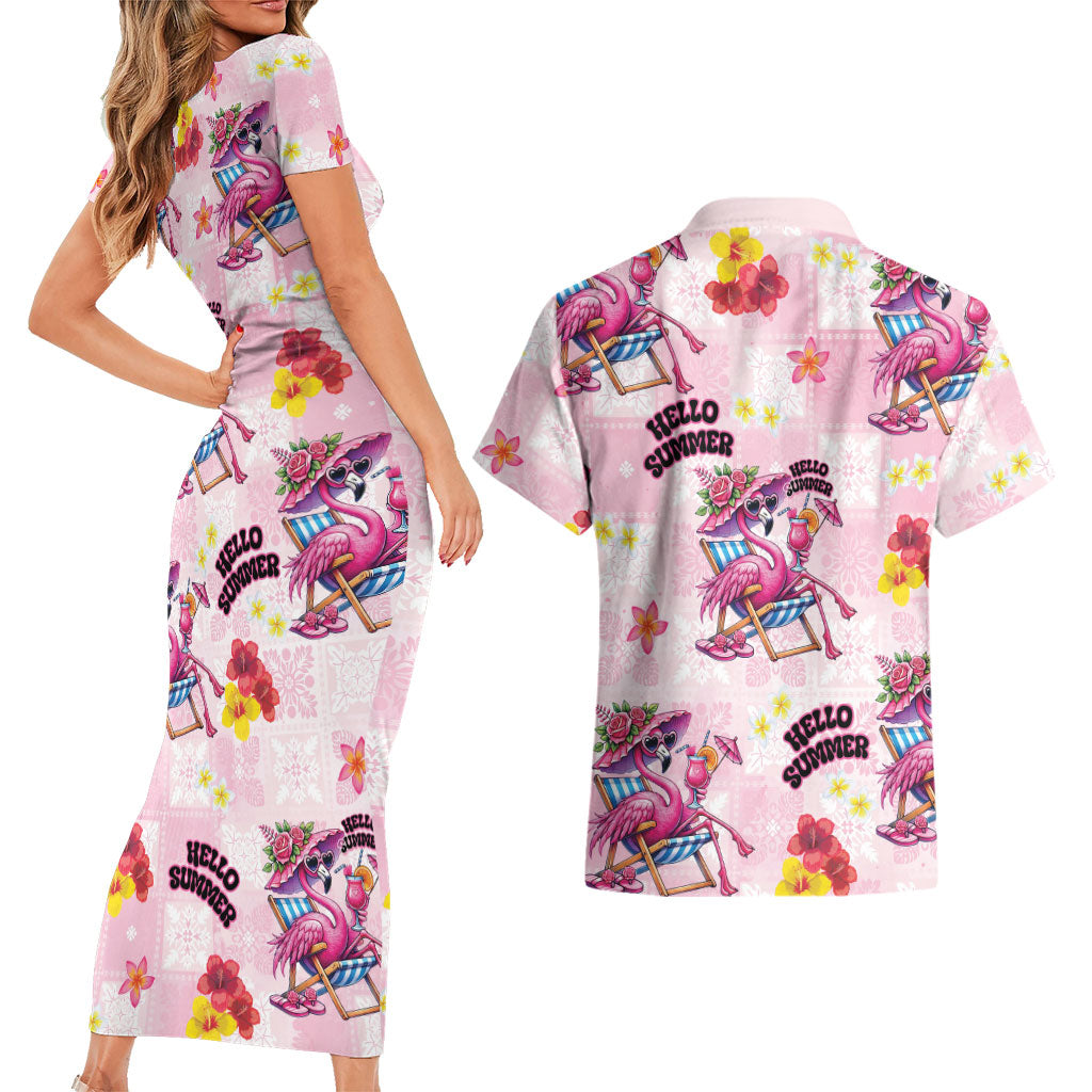 Hawaii Flamingo Hello Summer Couples Matching Short Sleeve Bodycon Dress and Hawaiian Shirt Hawaiian Quilt Pattern