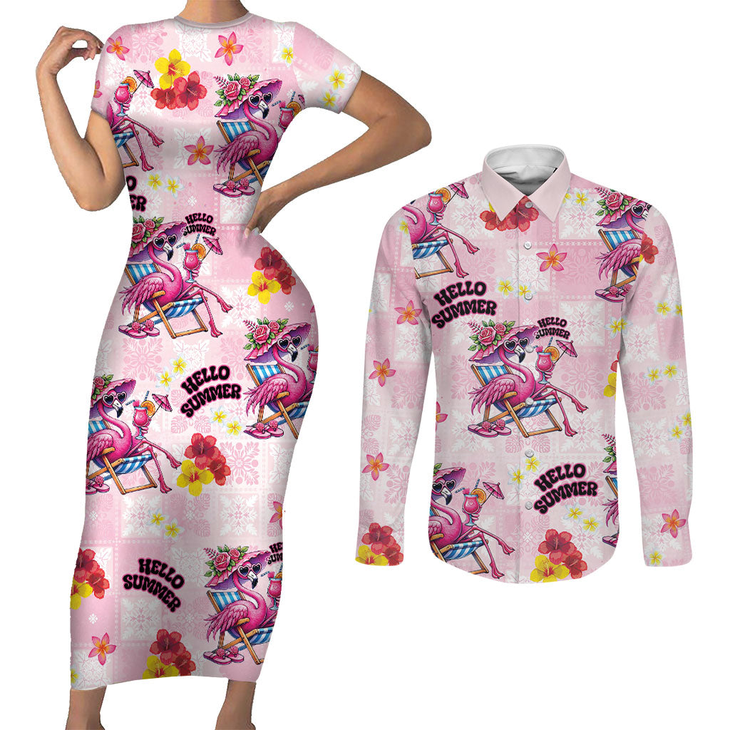 Hawaii Flamingo Hello Summer Couples Matching Short Sleeve Bodycon Dress and Long Sleeve Button Shirt Hawaiian Quilt Pattern