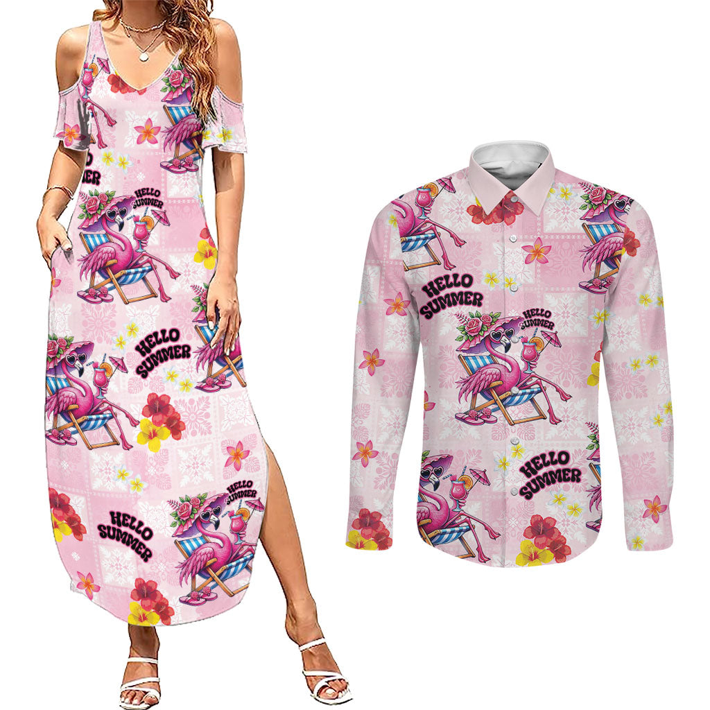 Hawaii Flamingo Hello Summer Couples Matching Summer Maxi Dress and Long Sleeve Button Shirt Hawaiian Quilt Pattern LT9 Pink - Polynesian Pride