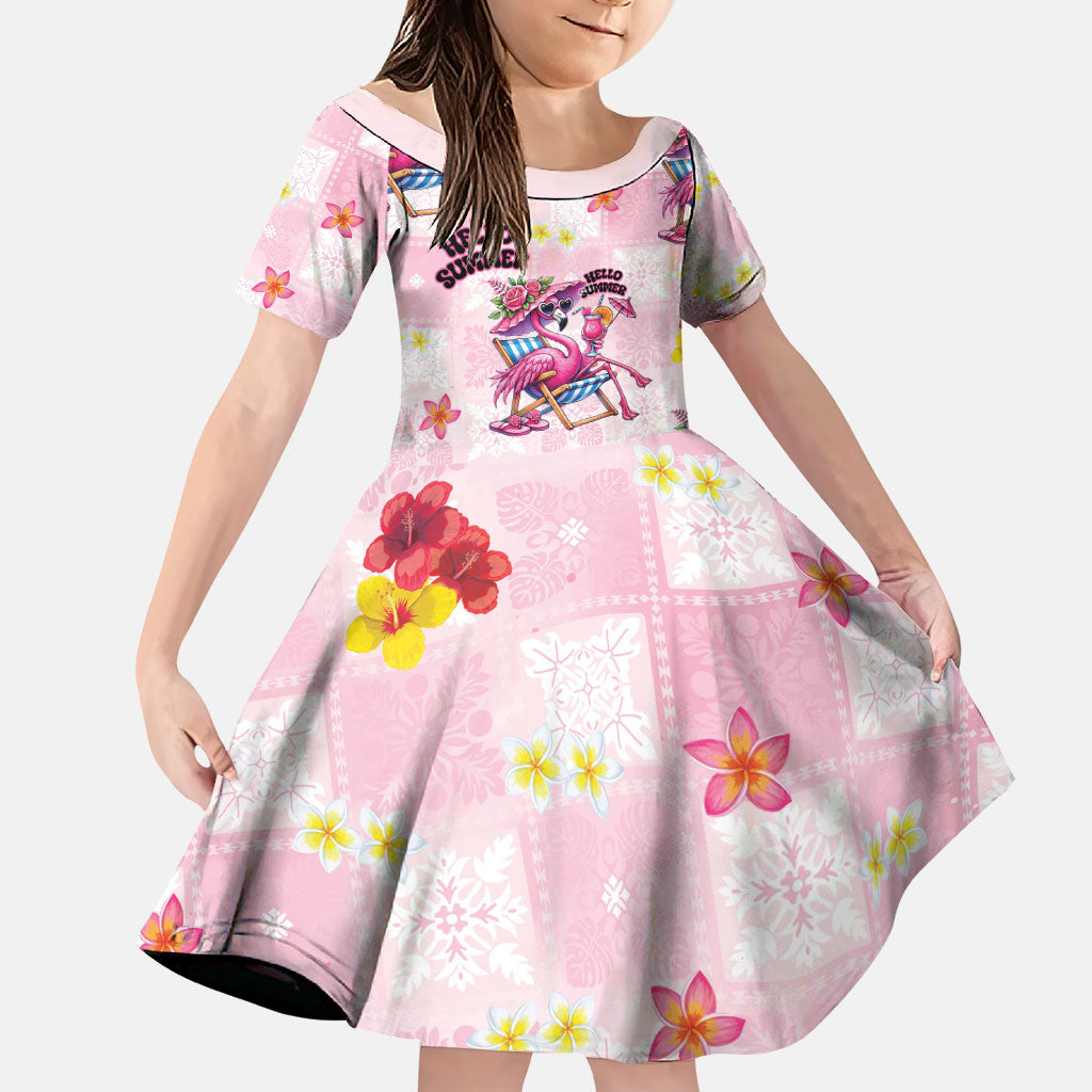 Hawaii Flamingo Hello Summer Family Matching Off Shoulder Maxi Dress and Hawaiian Shirt Hawaiian Quilt Pattern LT9 Daughter's Dress Pink - Polynesian Pride