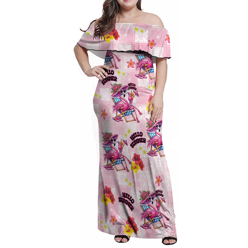 Hawaii Flamingo Hello Summer Family Matching Off Shoulder Maxi Dress and Hawaiian Shirt Hawaiian Quilt Pattern LT9 Mom's Dress Pink - Polynesian Pride