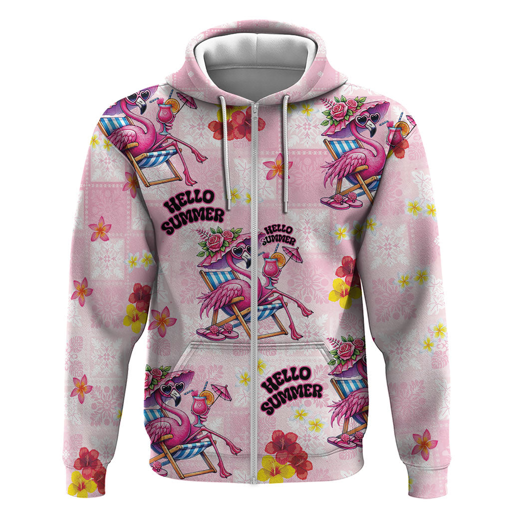 Hawaii Flamingo Hello Summer Zip Hoodie Hawaiian Quilt Pattern LT9 Zip Hoodie Pink - Polynesian Pride