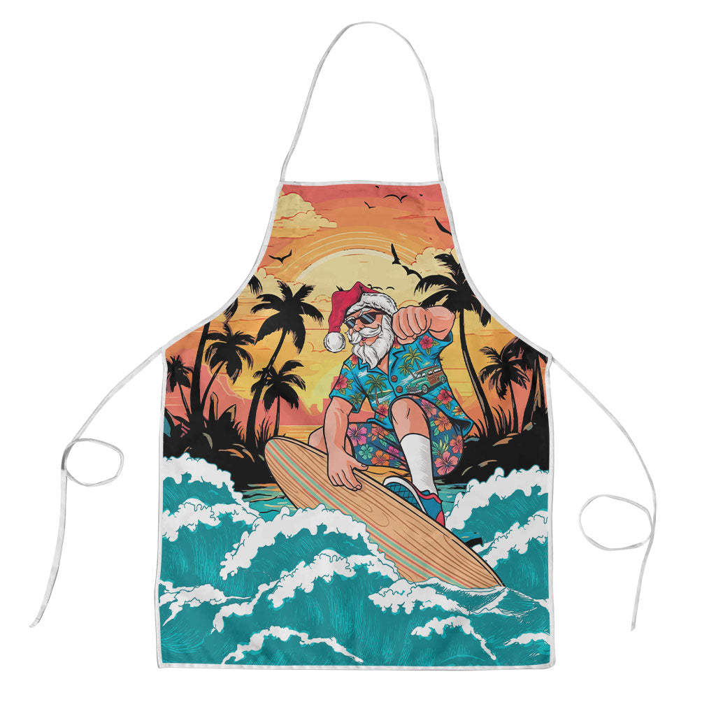 Vintage Santa Claus Surfing Summer Apron Mele Kalikimaka i Iulai! LT9 Black - Polynesian Pride