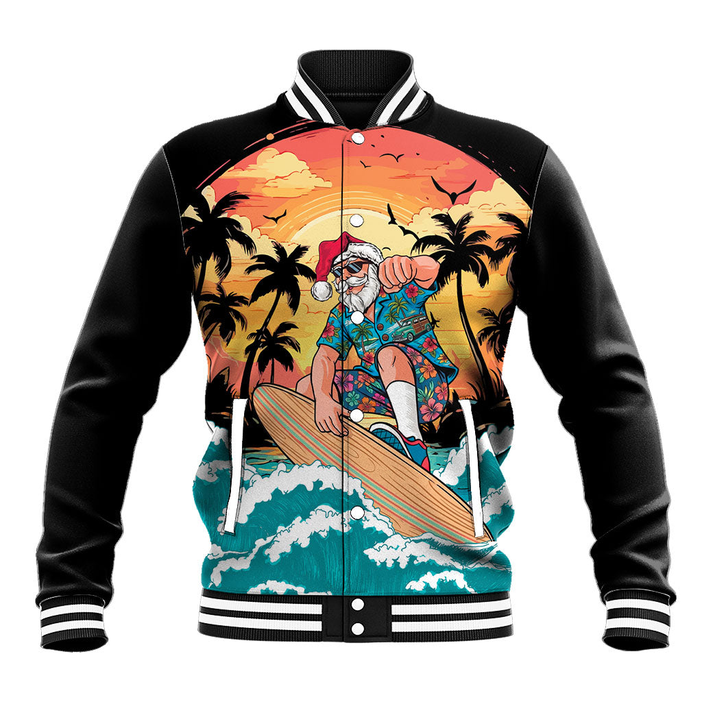 Vintage Santa Claus Surfing Summer Baseball Jacket Mele Kalikimaka i Iulai! LT9 Unisex Black - Polynesian Pride