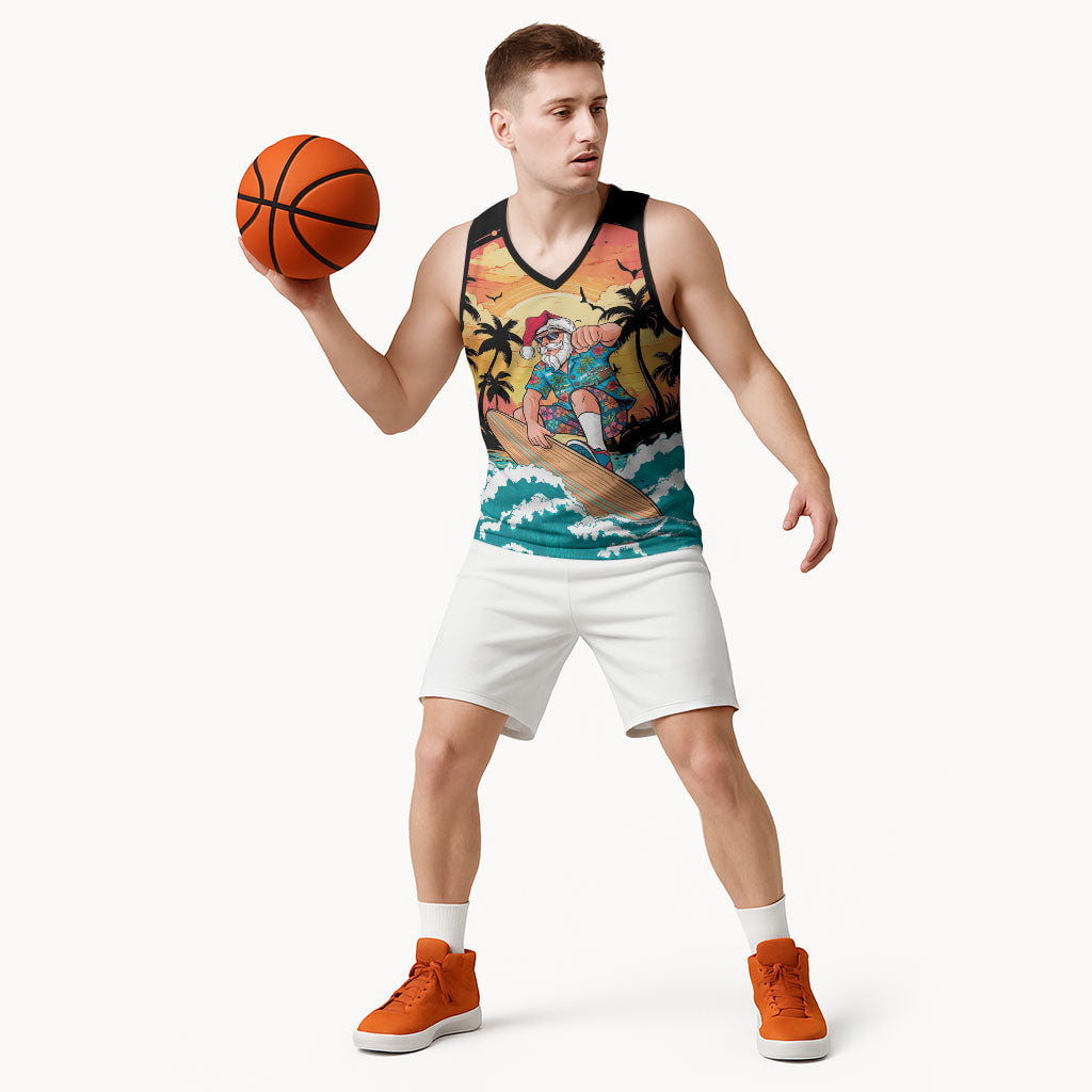 Vintage Santa Claus Surfing Summer Basketball Jersey Mele Kalikimaka i Iulai!