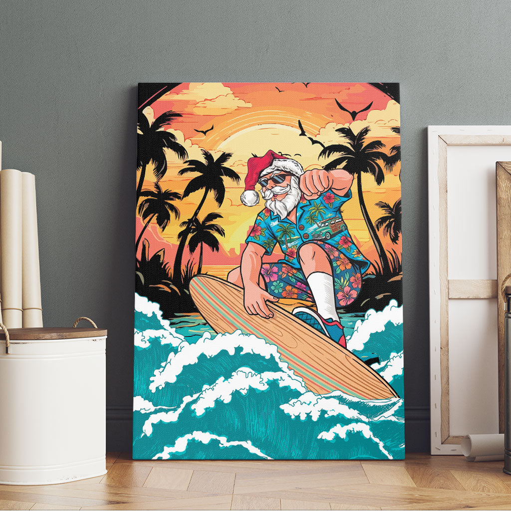 Vintage Santa Claus Surfing Summer Canvas Wall Art Mele Kalikimaka i Iulai!