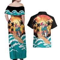 Vintage Santa Claus Surfing Summer Couples Matching Off Shoulder Maxi Dress and Hawaiian Shirt Mele Kalikimaka i Iulai! LT9 - Polynesian Pride