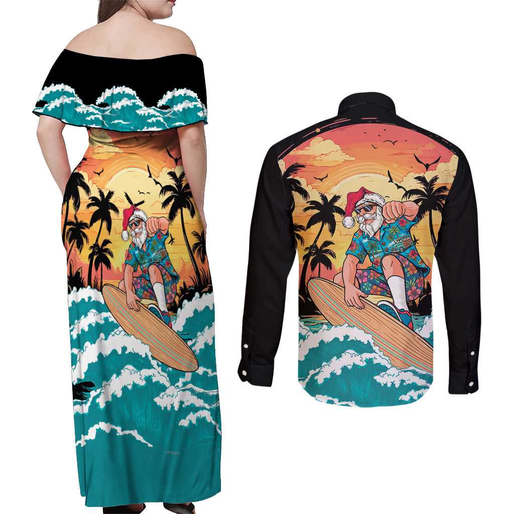 Vintage Santa Claus Surfing Summer Couples Matching Off Shoulder Maxi Dress and Long Sleeve Button Shirt Mele Kalikimaka i Iulai! LT9 - Polynesian Pride