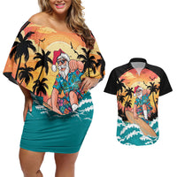 Vintage Santa Claus Surfing Summer Couples Matching Off Shoulder Short Dress and Hawaiian Shirt Mele Kalikimaka i Iulai! LT9 Black - Polynesian Pride
