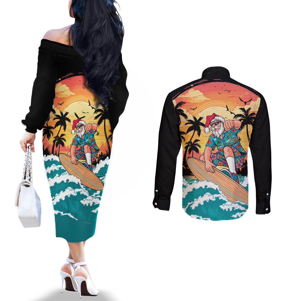 Vintage Santa Claus Surfing Summer Couples Matching Off The Shoulder Long Sleeve Dress and Long Sleeve Button Shirt Mele Kalikimaka i Iulai! LT9 - Polynesian Pride