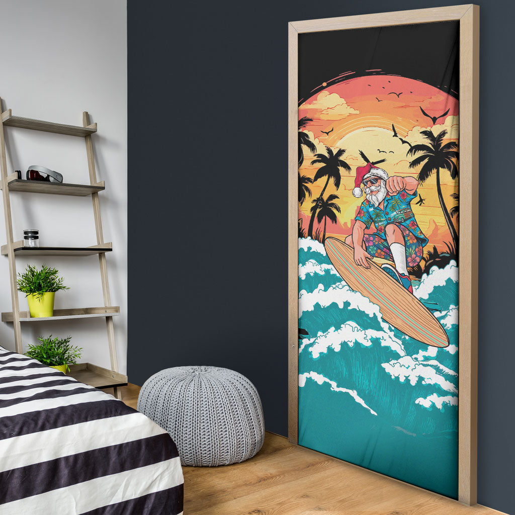Vintage Santa Claus Surfing Summer Door Cover Mele Kalikimaka i Iulai!