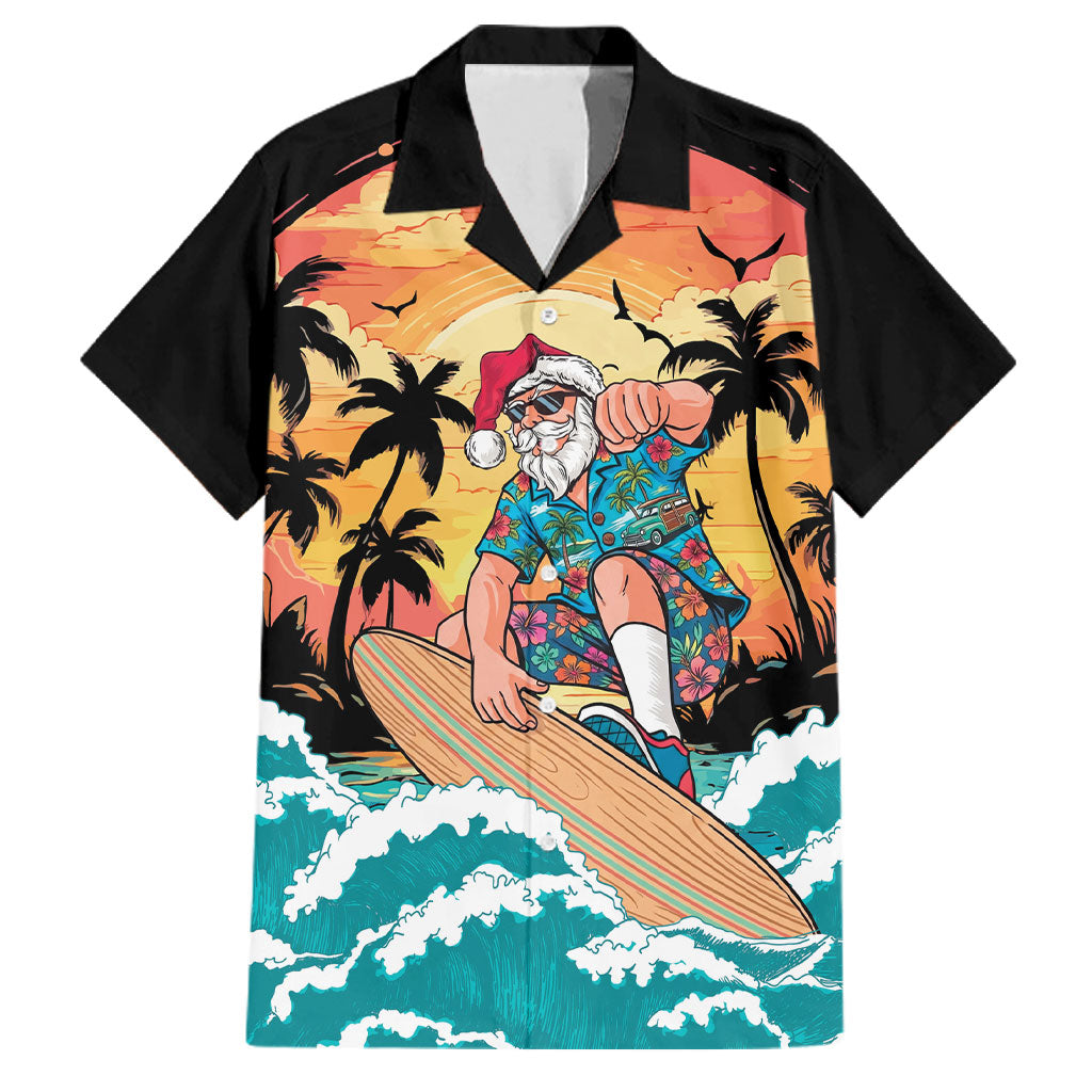 Vintage Santa Claus Surfing Summer Family Matching Long Sleeve Bodycon Dress and Hawaiian Shirt Mele Kalikimaka i Iulai! LT9 Dad's Shirt - Short Sleeve Black - Polynesian Pride