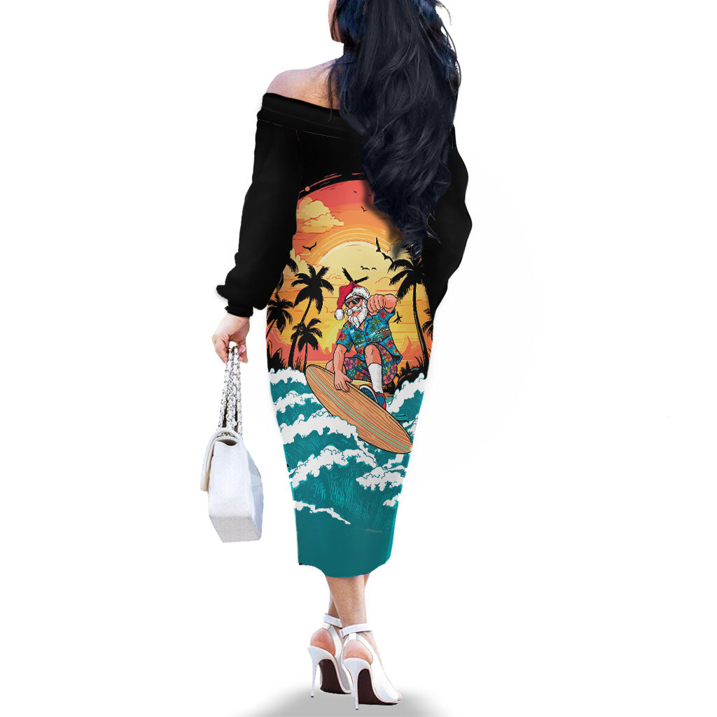 Vintage Santa Claus Surfing Summer Family Matching Off The Shoulder Long Sleeve Dress and Hawaiian Shirt Mele Kalikimaka i Iulai! LT9 - Polynesian Pride