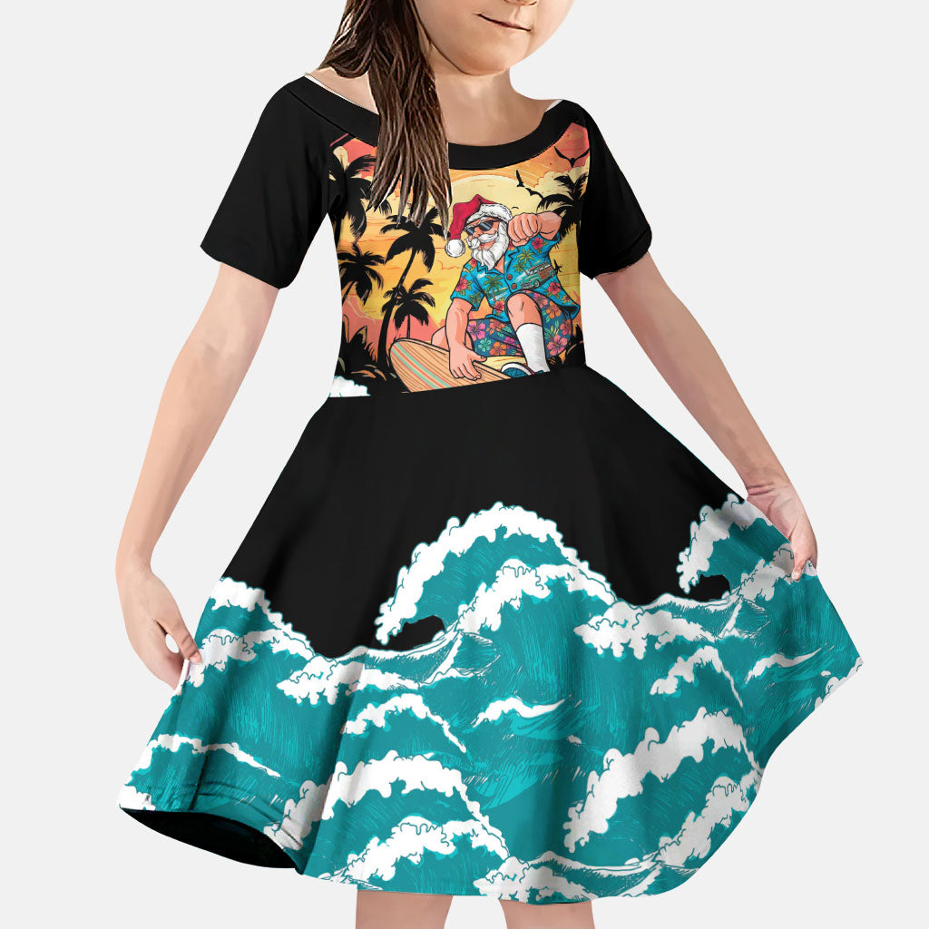 Vintage Santa Claus Surfing Summer Family Matching Off Shoulder Short Dress and Hawaiian Shirt Mele Kalikimaka i Iulai! LT9 Daughter's Dress Black - Polynesian Pride