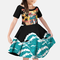 Vintage Santa Claus Surfing Summer Family Matching Summer Maxi Dress and Hawaiian Shirt Mele Kalikimaka i Iulai! LT9 Daughter's Dress Black - Polynesian Pride