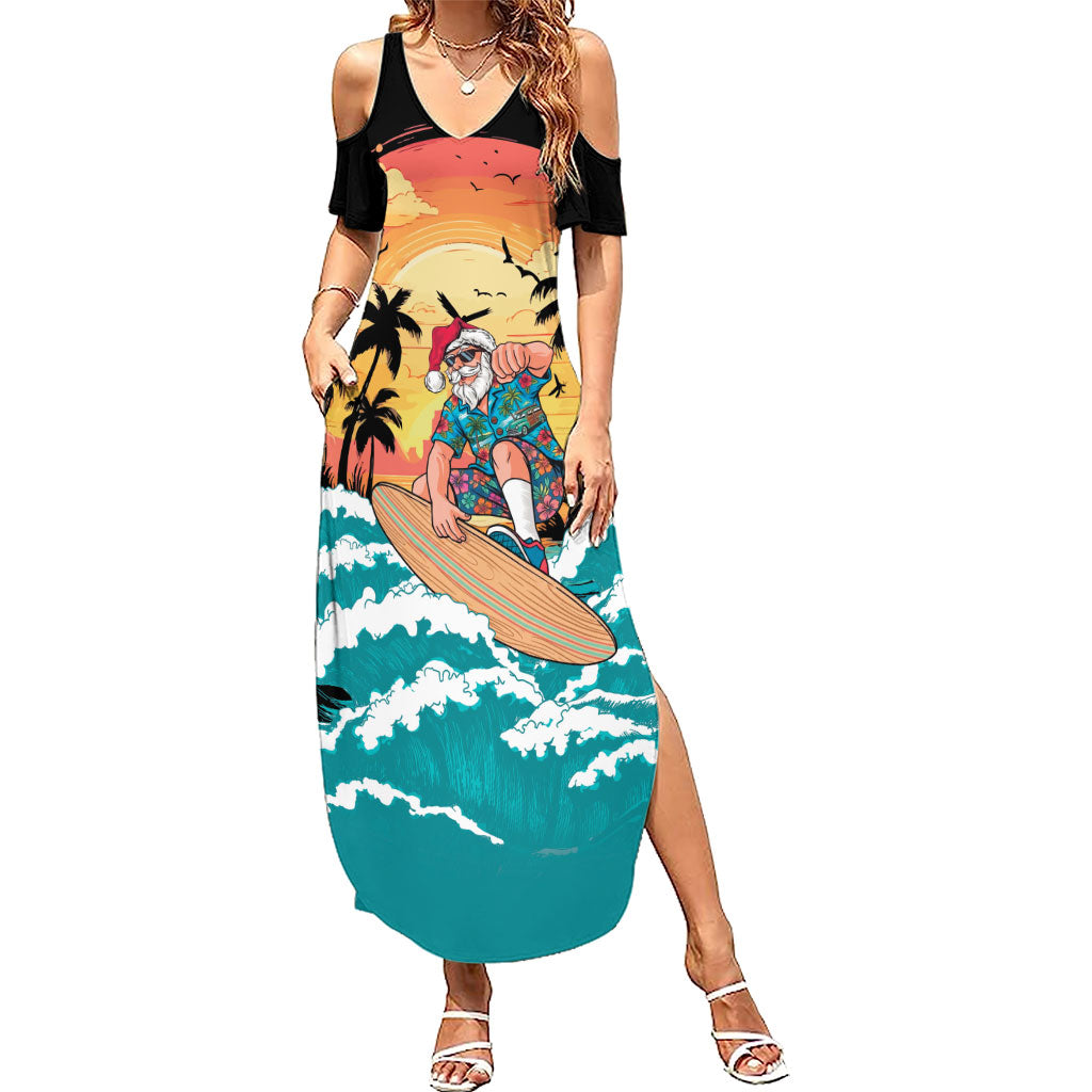 Vintage Santa Claus Surfing Summer Family Matching Summer Maxi Dress and Hawaiian Shirt Mele Kalikimaka i Iulai! LT9 Mom's Dress Black - Polynesian Pride