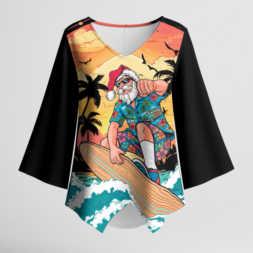 Vintage Santa Claus Surfing Summer Kimono Sleeve Blouse Mele Kalikimaka i Iulai!