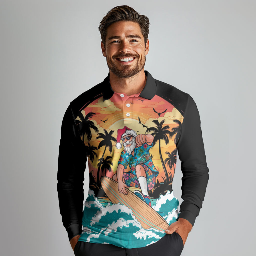 Vintage Santa Claus Surfing Summer Long Sleeve Polo Shirt Mele Kalikimaka i Iulai!