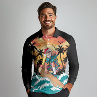 Vintage Santa Claus Surfing Summer Long Sleeve Polo Shirt Mele Kalikimaka i Iulai!