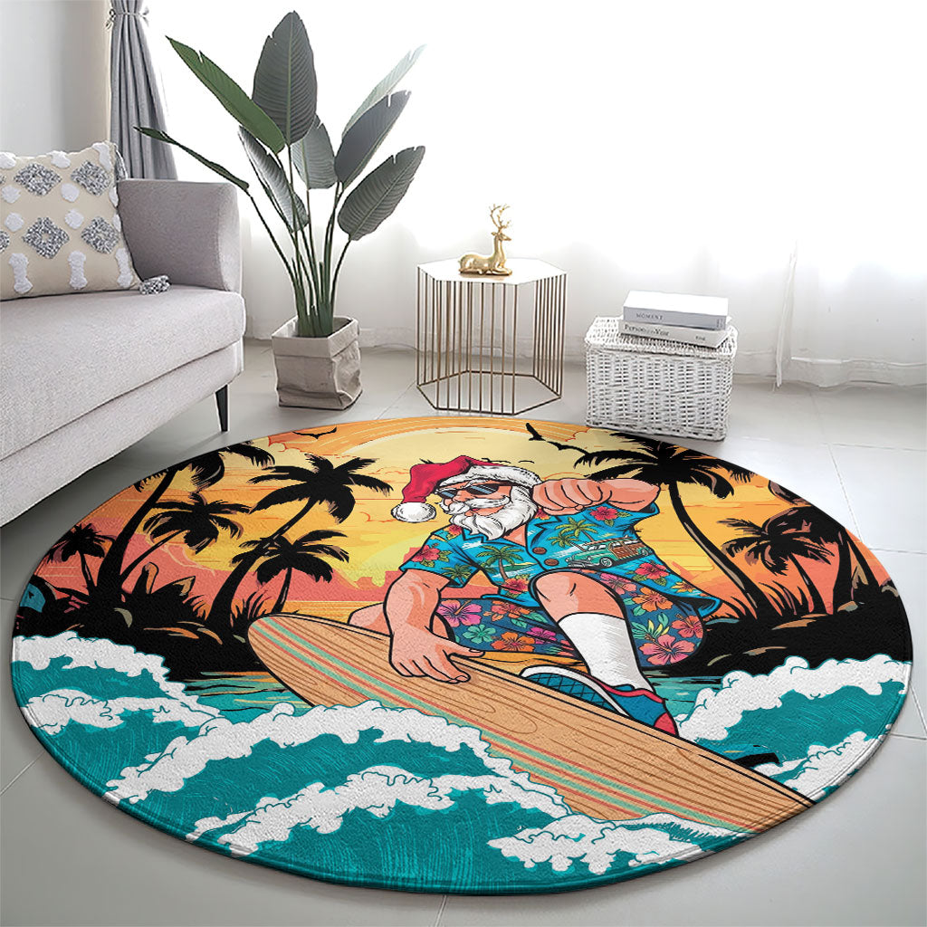 Vintage Santa Claus Surfing Summer Round Carpet Mele Kalikimaka i Iulai!