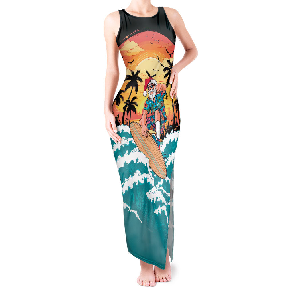Vintage Santa Claus Surfing Summer Tank Maxi Dress Mele Kalikimaka i Iulai! LT9 Women Black - Polynesian Pride