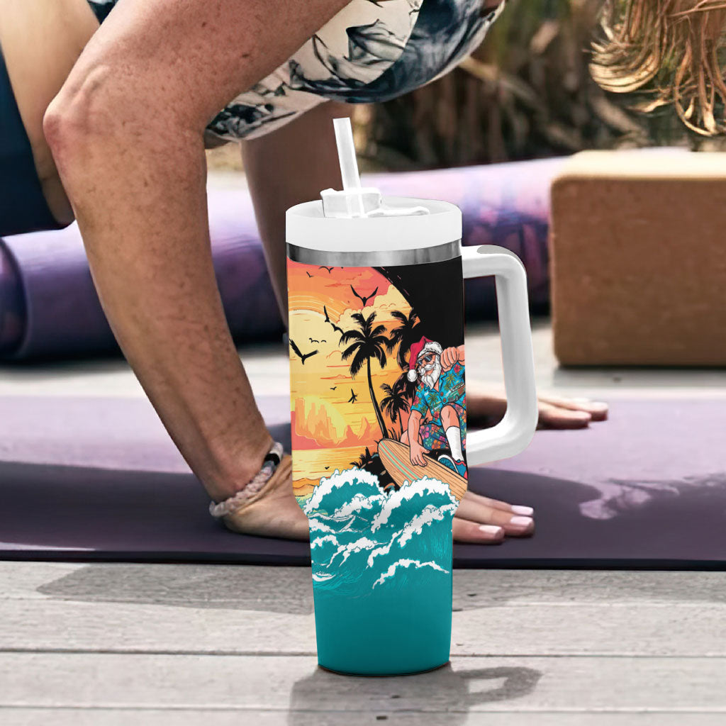 Vintage Santa Claus Surfing Summer Tumbler With Handle Mele Kalikimaka i Iulai!