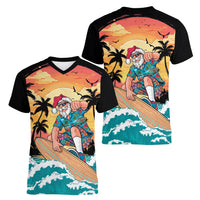 Vintage Santa Claus Surfing Summer Women V-Neck T-Shirt Mele Kalikimaka i Iulai! LT9 - Polynesian Pride