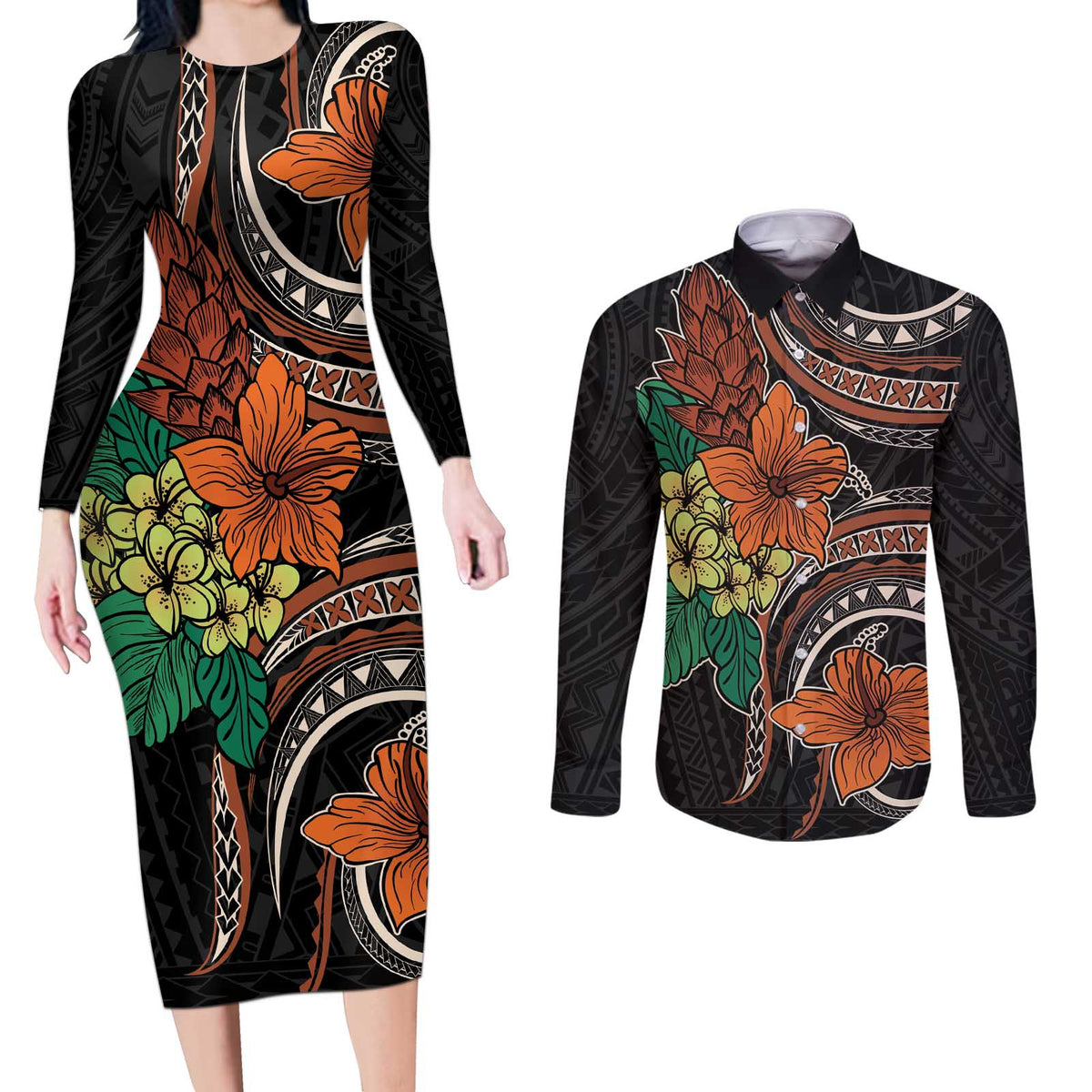 Vintage Hibiscus Pacific Floral Couples Matching Long Sleeve Bodycon Dress and Long Sleeve Button Shirt LT9 Black - Polynesian Pride