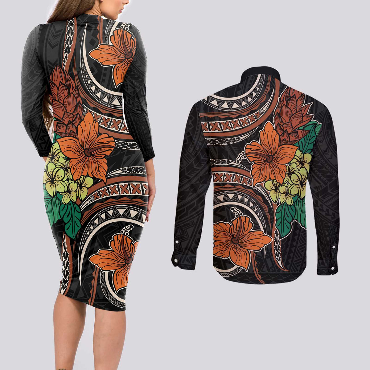 Vintage Hibiscus Pacific Floral Couples Matching Long Sleeve Bodycon Dress and Long Sleeve Button Shirt LT9 - Polynesian Pride