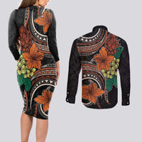 Vintage Hibiscus Pacific Floral Couples Matching Long Sleeve Bodycon Dress and Long Sleeve Button Shirt LT9 - Polynesian Pride