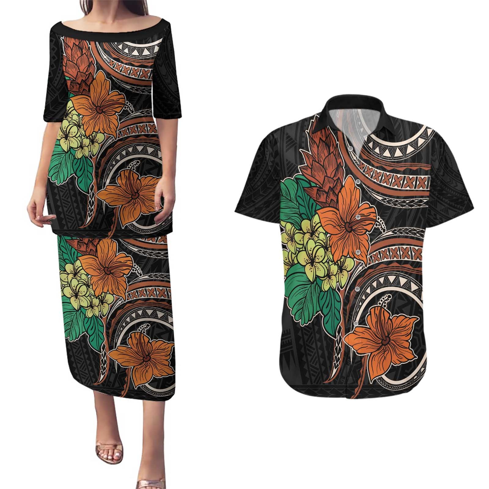 Vintage Hibiscus Pacific Floral Couples Matching Puletasi and Hawaiian Shirt